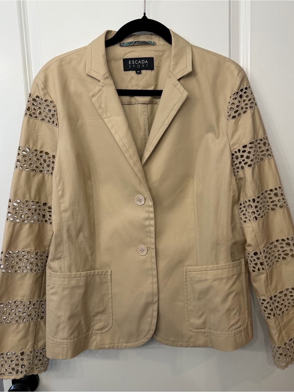 Escada Beige Cotton Blazer with Eyelet Sleeve Panels